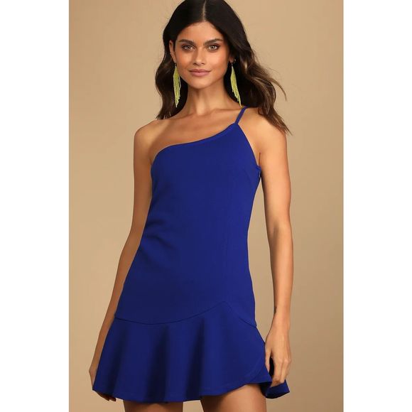 Lulus Dresses & Skirts - Lulus Glamour Goals Cobalt Blue One-Shoulder Trumpet Hem Mini Dress Size S